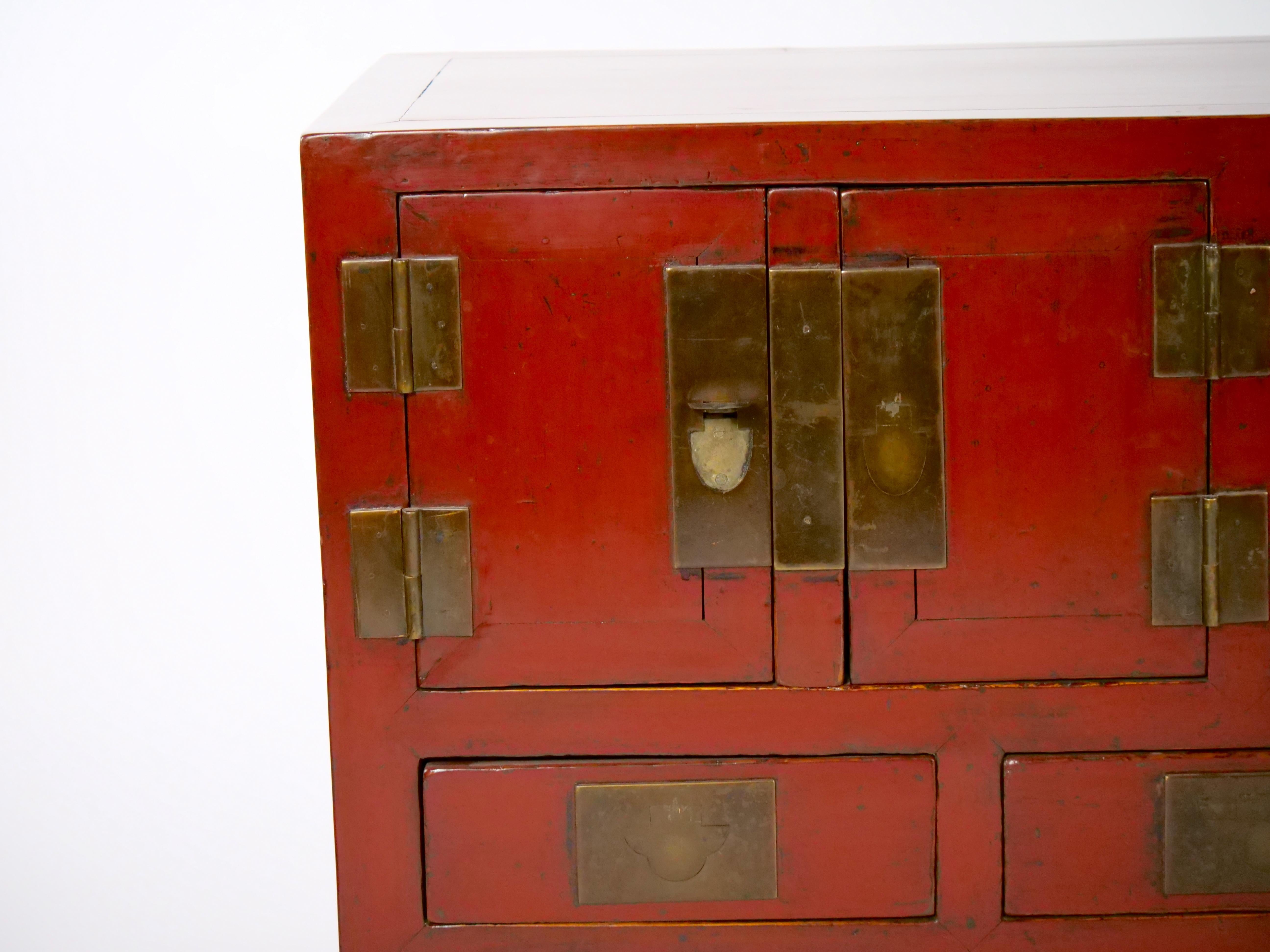 Chinese Red-Lacquered Sideboard / Low Center Table / Four Drawers For Sale 4