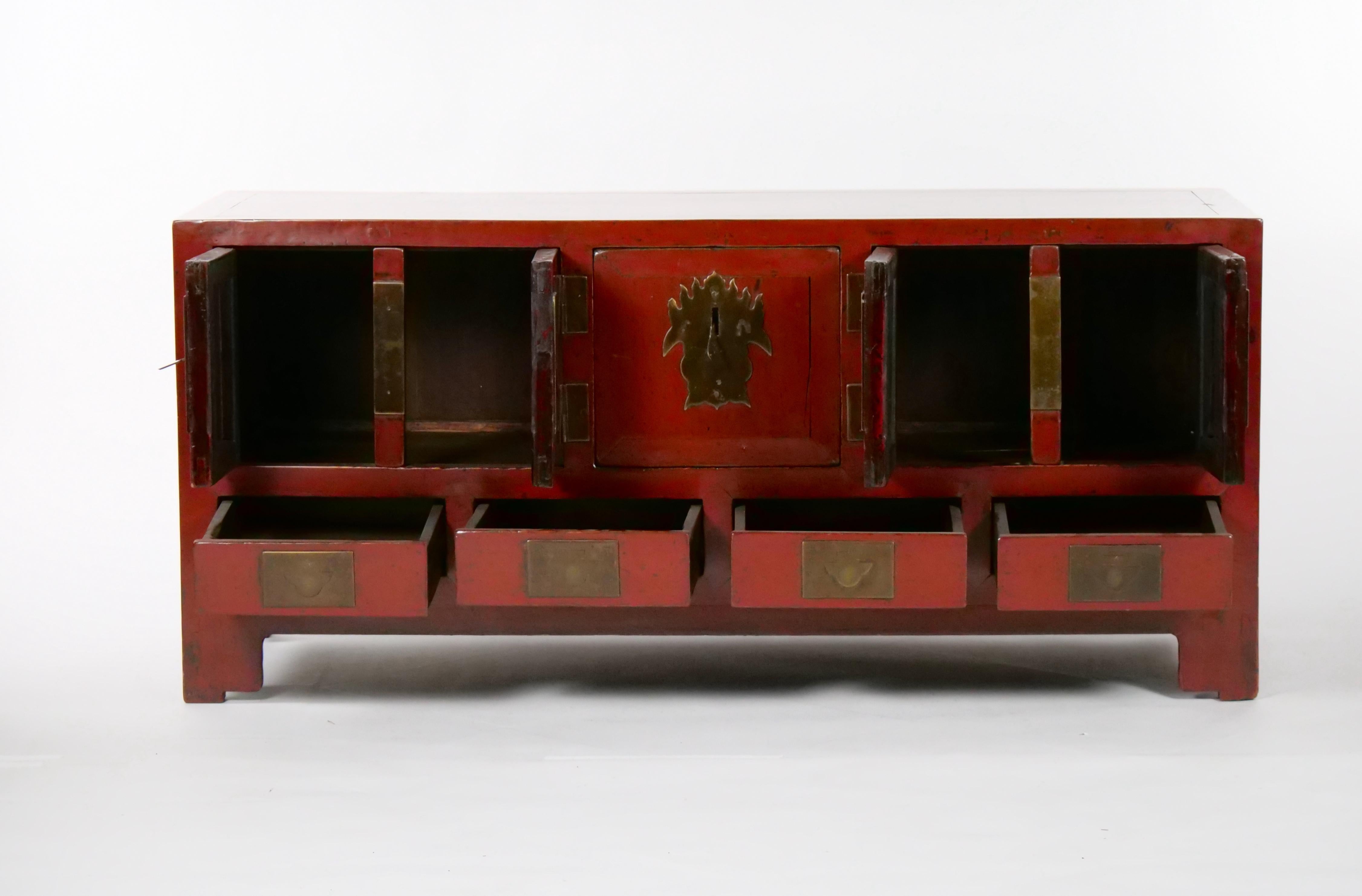 Chinese Red-Lacquered Sideboard / Low Center Table / Four Drawers For Sale 9