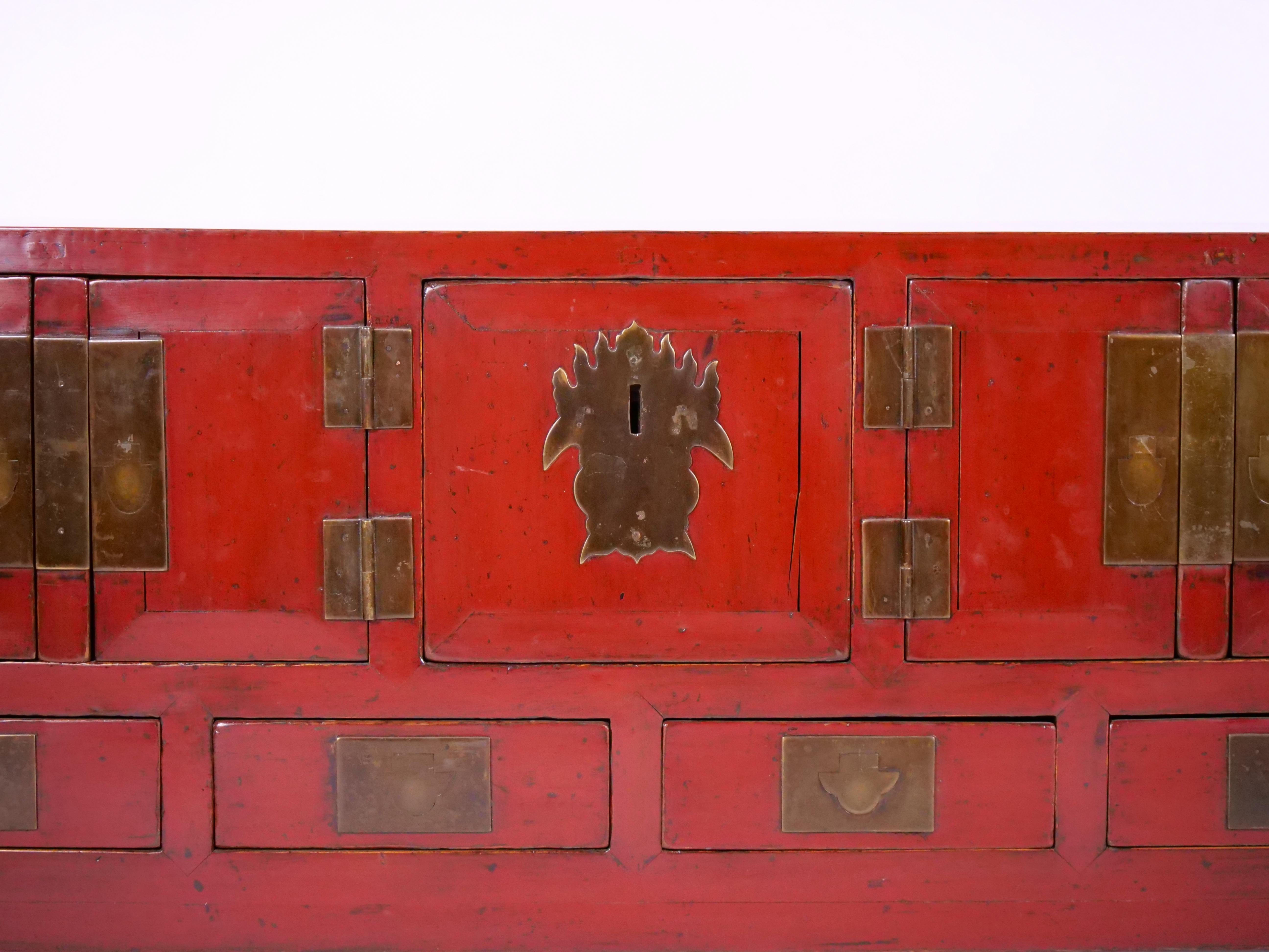 Chinese Red-Lacquered Sideboard / Low Center Table / Four Drawers In Good Condition For Sale In Tarry Town, NY