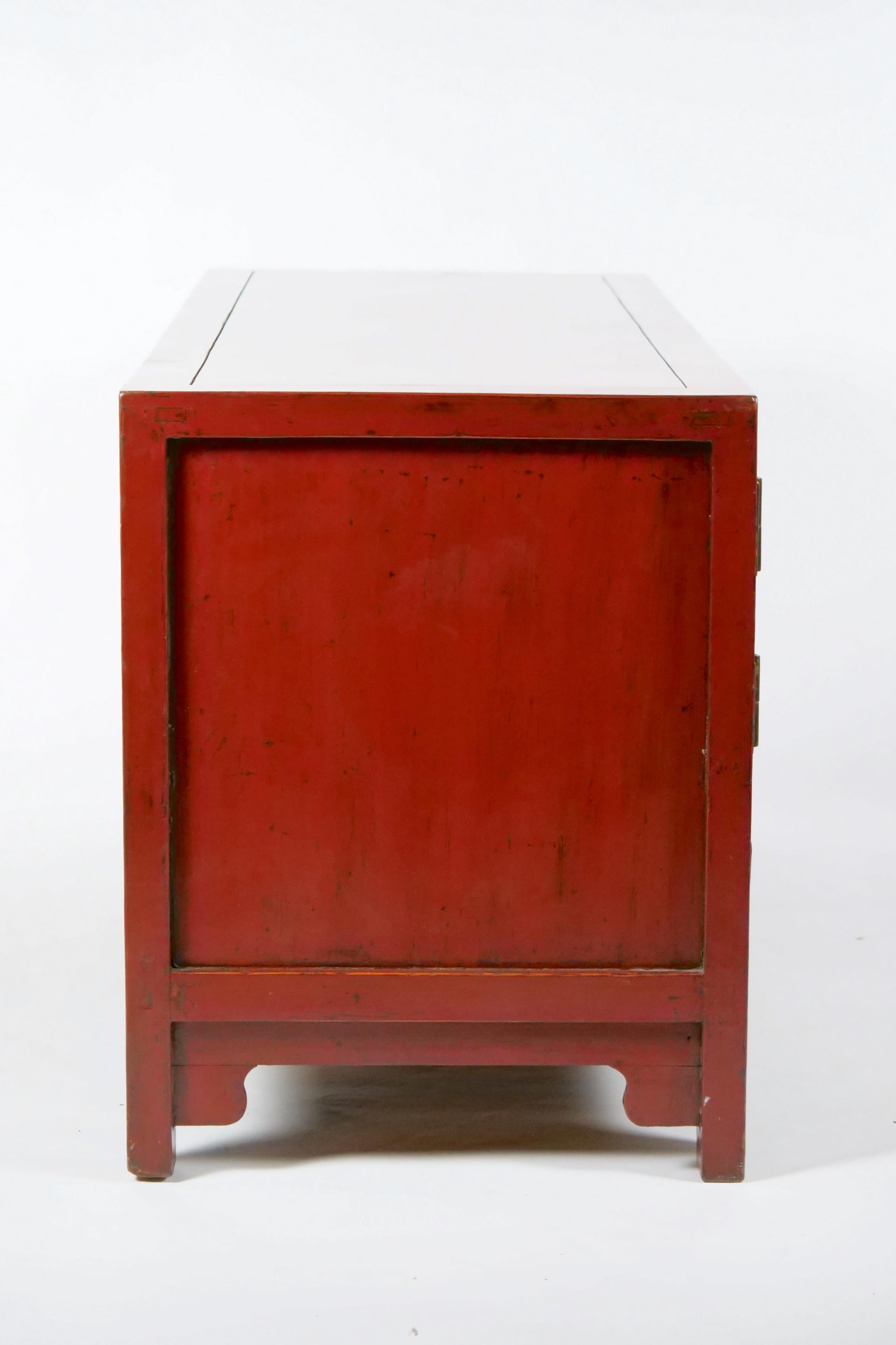 19th Century Chinese Red-Lacquered Sideboard / Low Center Table / Four Drawers For Sale