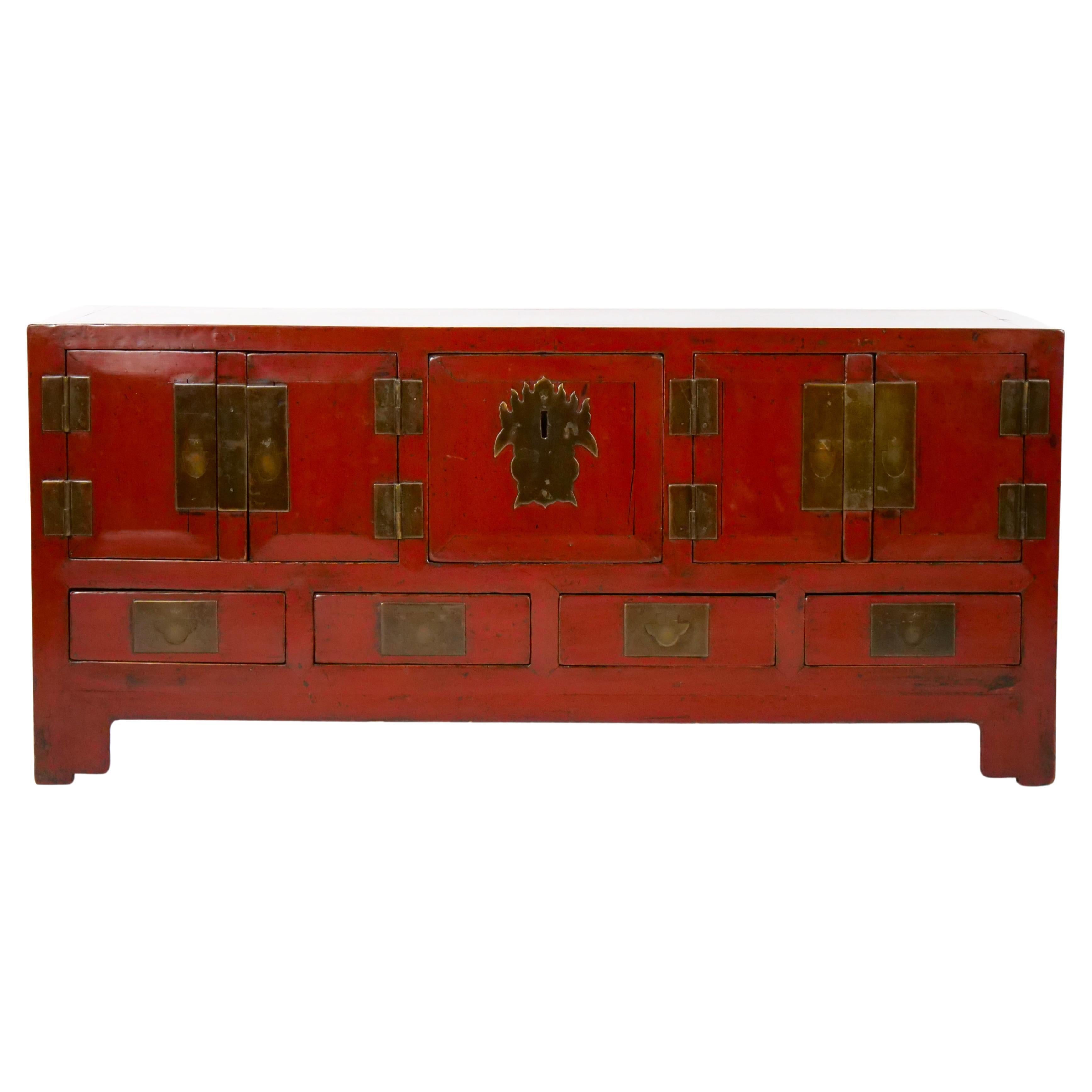 Chinese Red-Lacquered Sideboard / Low Center Table / Four Drawers For Sale
