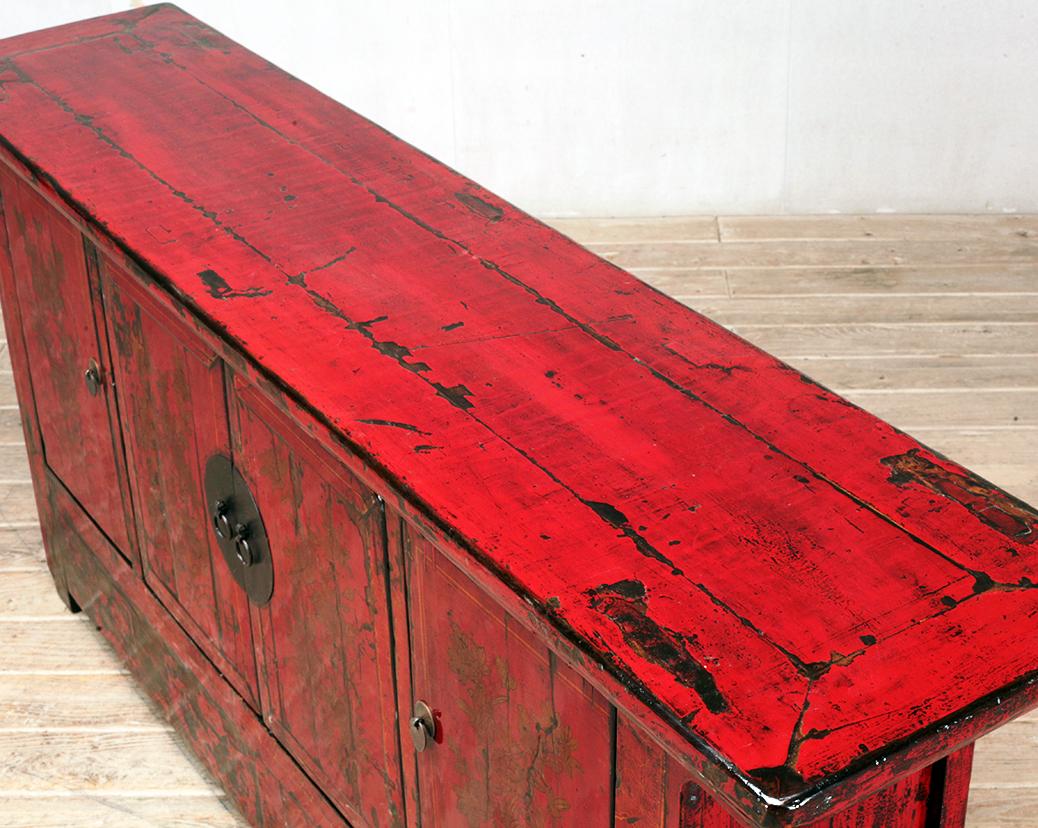 Chinese Red-Lacquered Sideboard with Four Doors and Restoration 2