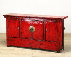 Chinese Red-Lacquered Sideboard with Four Doors and Restoration