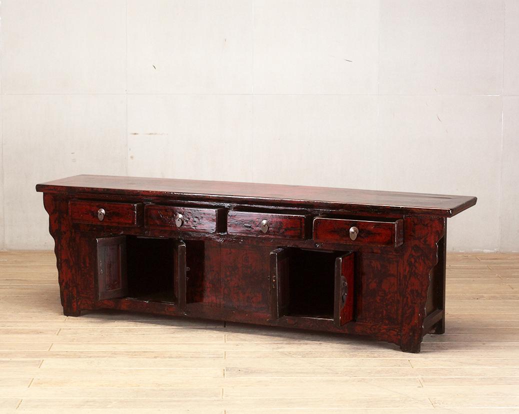 Chinese Red-Lacquered Sideboard with Four Doors and Restoration In Good Condition In Chicago, IL