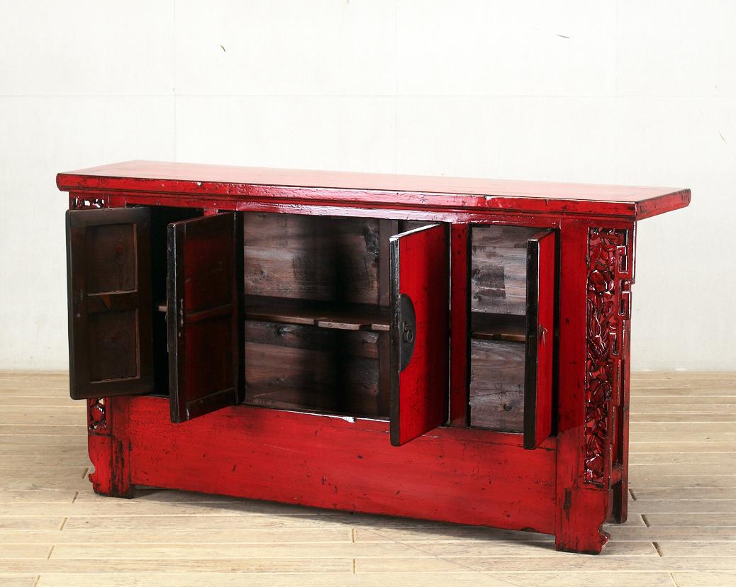 Chinese Red-Lacquered Sideboard with Four Doors and Restoration In Good Condition In Chicago, IL