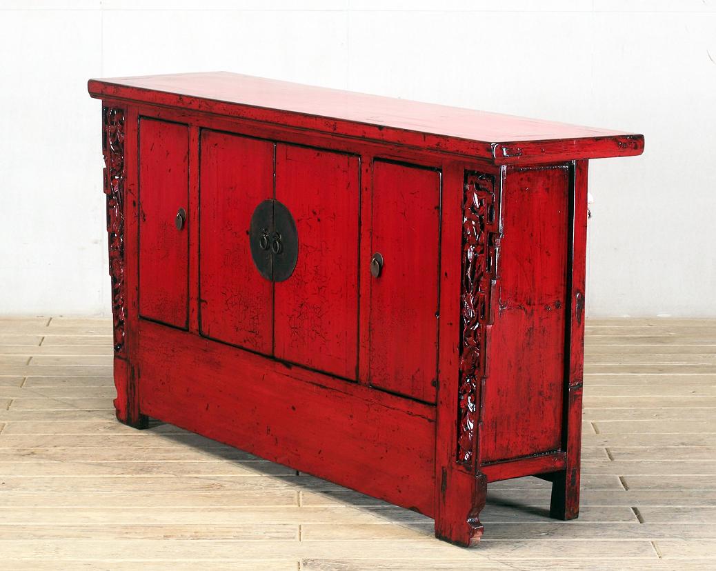 19th Century Chinese Red-Lacquered Sideboard with Four Doors and Restoration