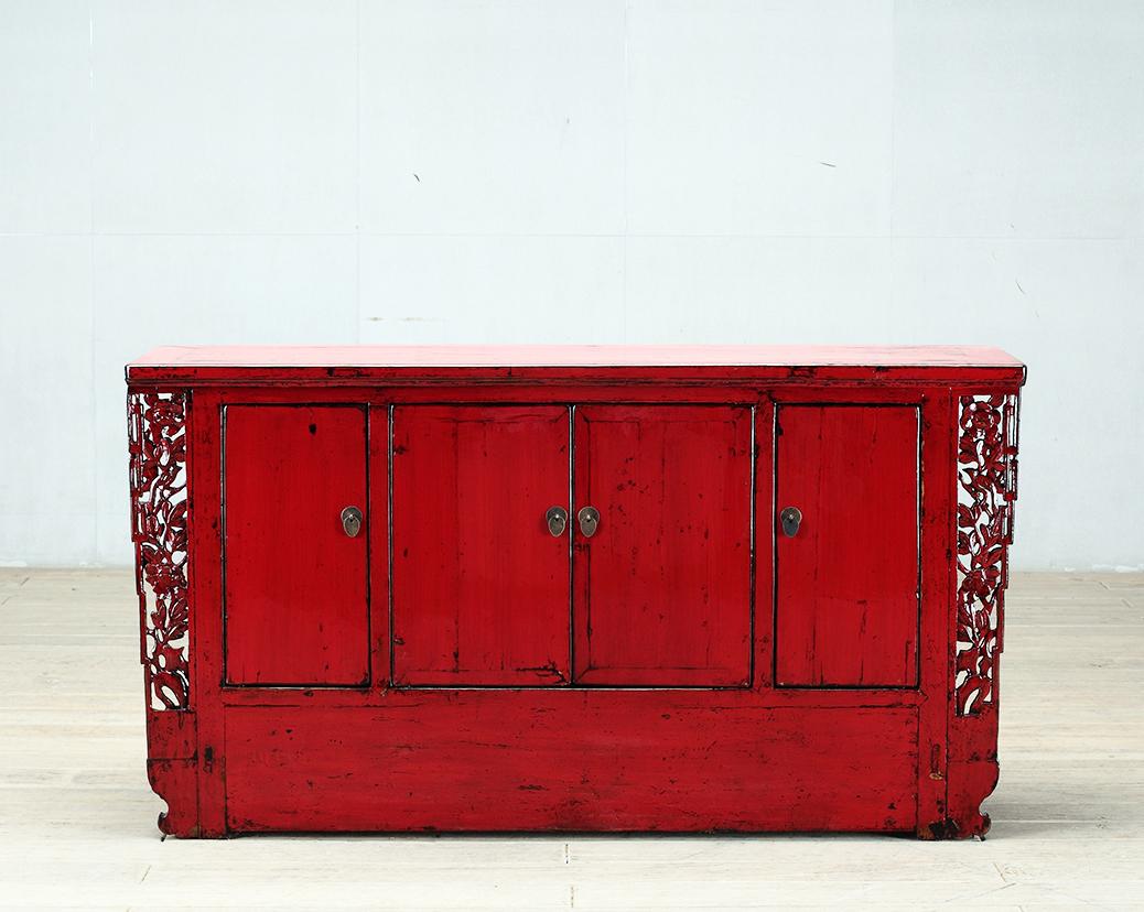 Chinese Red-Lacquered Sideboard with Four Doors and Restoration In Good Condition In Chicago, IL