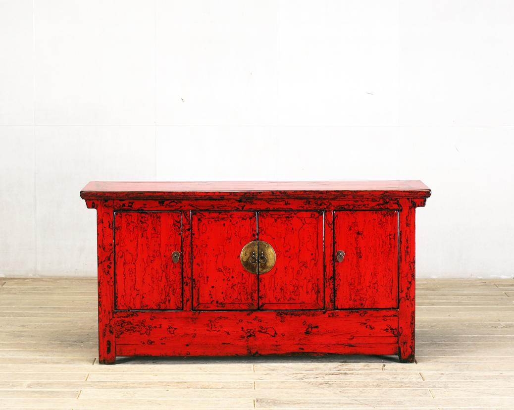 Chinese Red-Lacquered Sideboard with Four Doors and Restoration In Good Condition In Chicago, IL