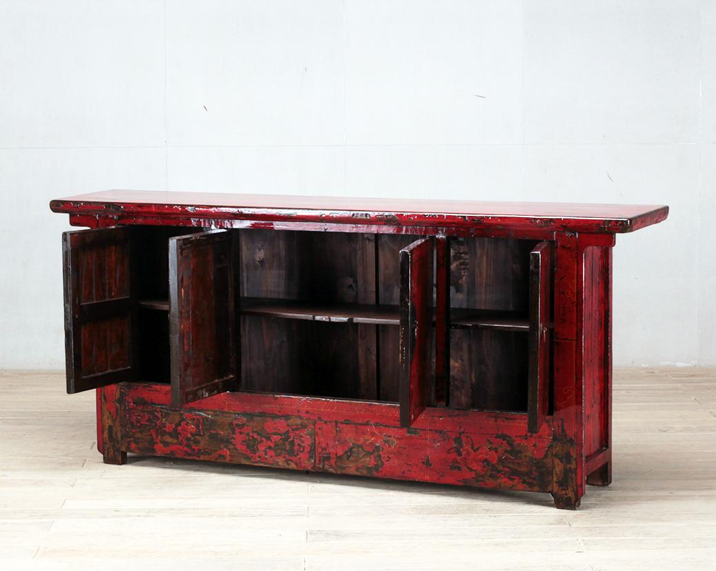 Pine Chinese Red-Lacquered Sideboard with Four Doors and Restoration