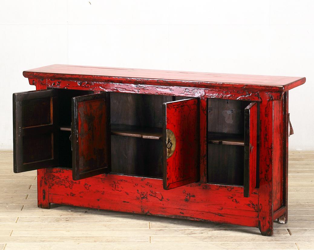 Pine Chinese Red-Lacquered Sideboard with Four Doors and Restoration