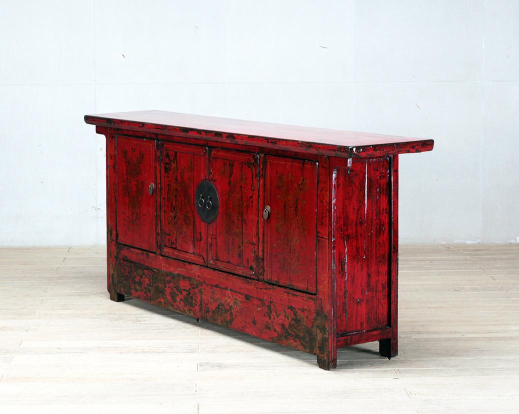 Chinese Red-Lacquered Sideboard with Four Doors and Restoration 1