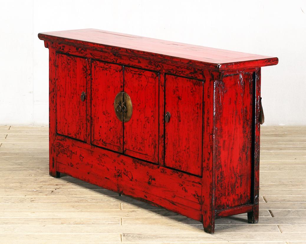 Chinese Red-Lacquered Sideboard with Four Doors and Restoration 1