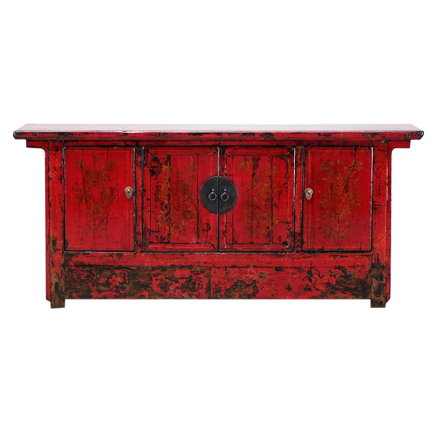Chinese Red-Lacquered Sideboard with Four Doors and Restoration