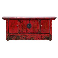 Antique Chinese Red-Lacquered Sideboard with Four Doors and Restoration