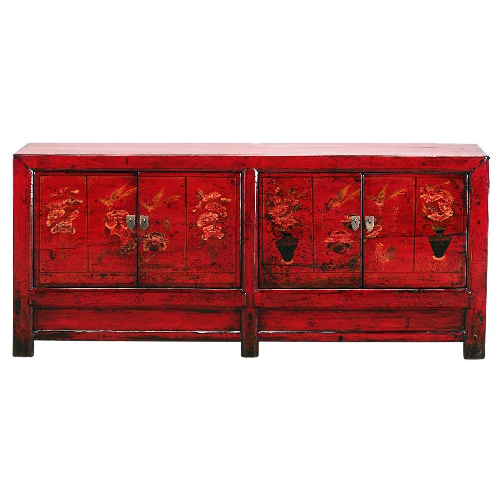 Chinese RedLacquered Sideboard with Four Doors and Restoration at