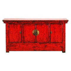 Antique Chinese Red-Lacquered Sideboard with Four Doors and Restoration