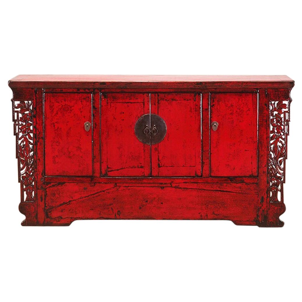 Chinese Red-Lacquered Sideboard with Four Doors and Restoration