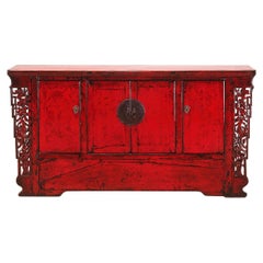 Chinese Red-Lacquered Sideboard with Four Doors and Restoration