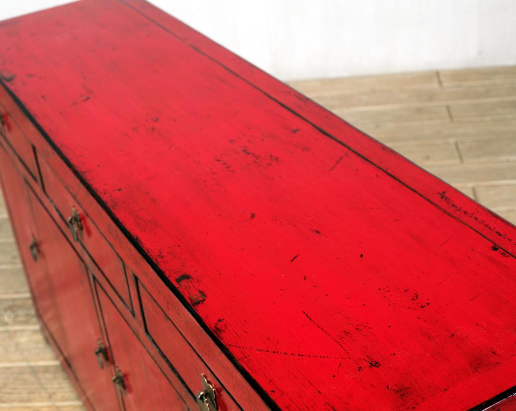 Chinese Red-Lacquered Sideboard with Three Drawers and Restoration 5