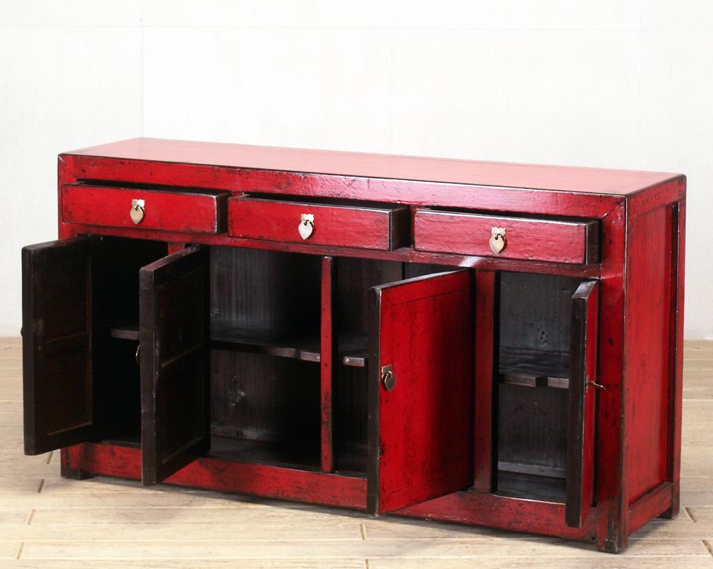 Chinese Red-Lacquered Sideboard with Three Drawers and Restoration In Good Condition In Chicago, IL