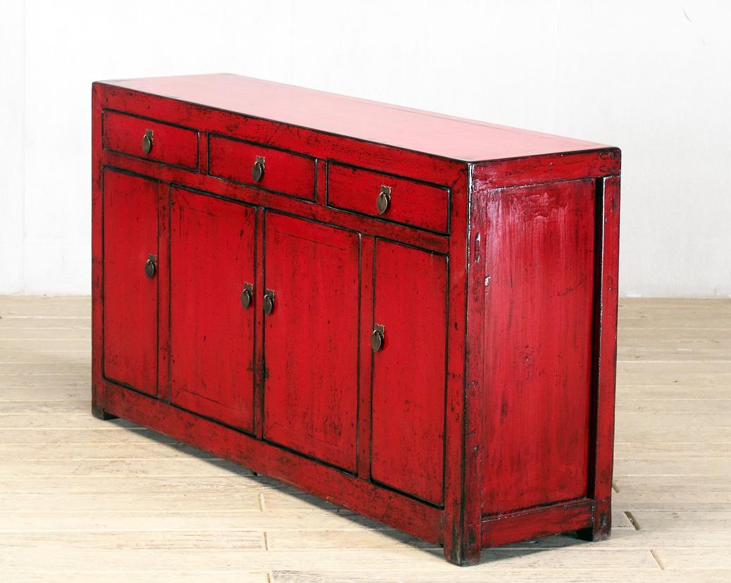 19th Century Chinese Red-Lacquered Sideboard with Three Drawers and Restoration