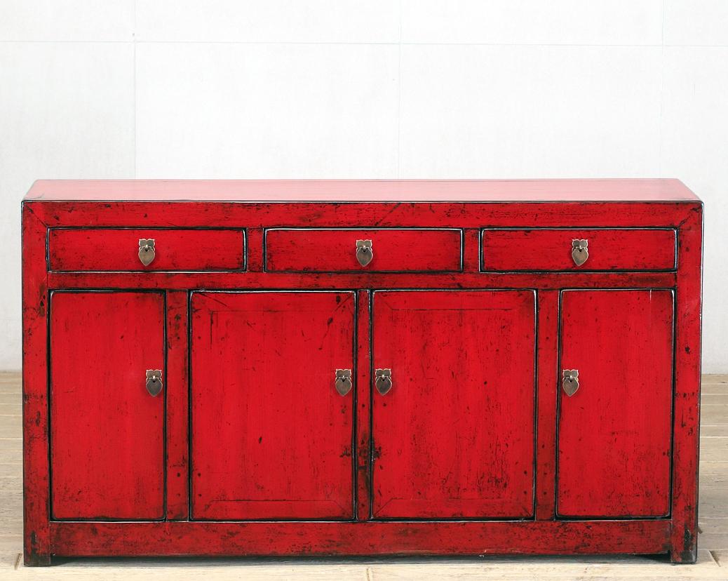 Chinese Red-Lacquered Sideboard with Three Drawers and Restoration 1
