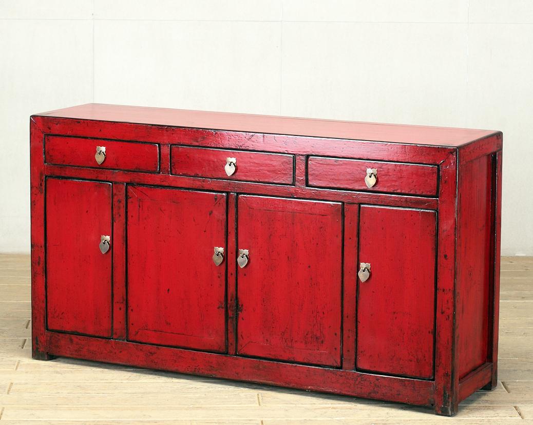 Chinese Red-Lacquered Sideboard with Three Drawers and Restoration 2