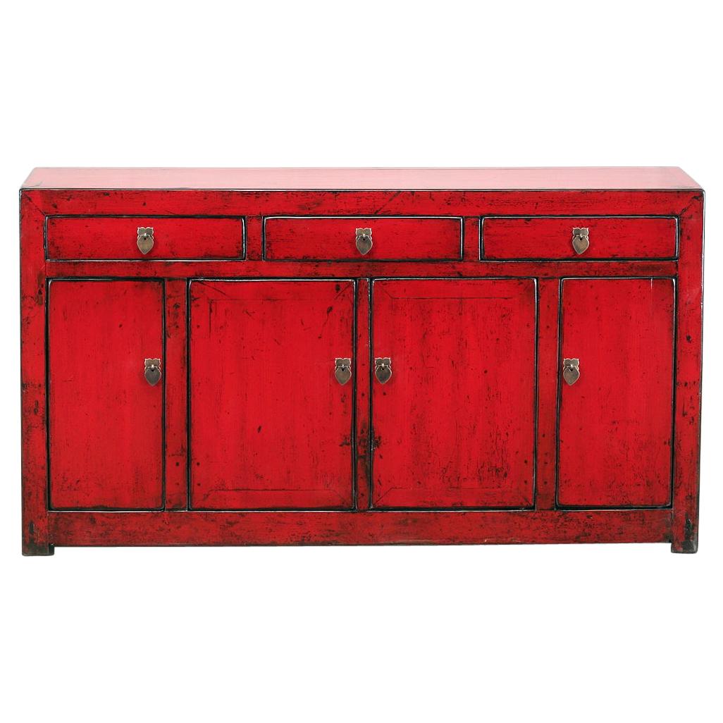 Chinese Red-Lacquered Sideboard with Three Drawers and Restoration