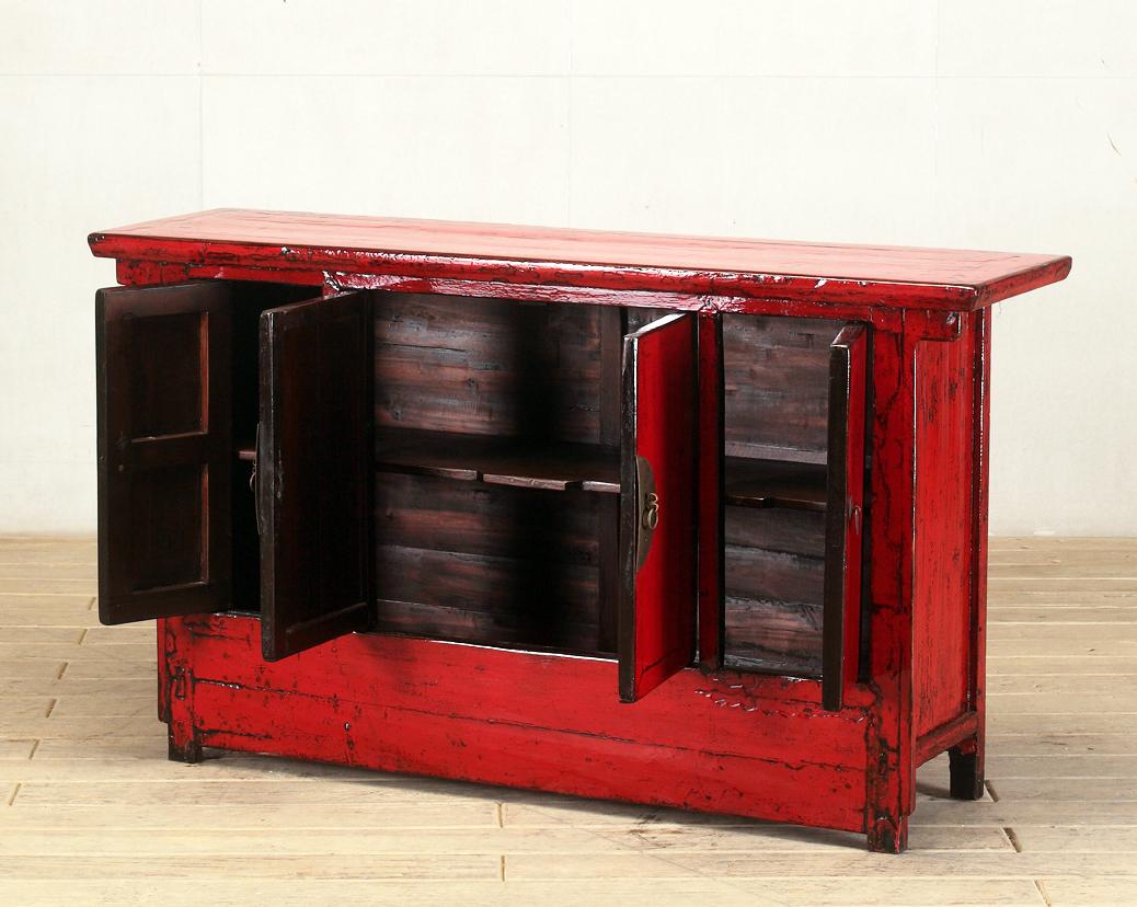 Chinese Red-Lacquered Sideboard with Three Drawers and Restortation In Good Condition In Chicago, IL