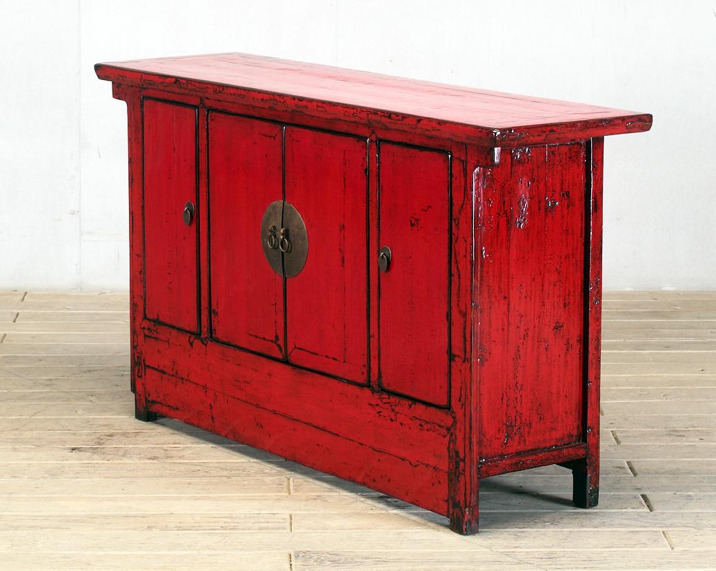 19th Century Chinese Red-Lacquered Sideboard with Three Drawers and Restortation