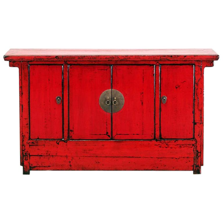 Chinese Red-Lacquered Sideboard with Three Drawers and Restortation