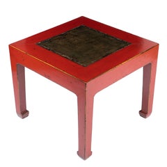 Chinese Red Lacquered Square Table Fitted with Inset Stone Top, 1900