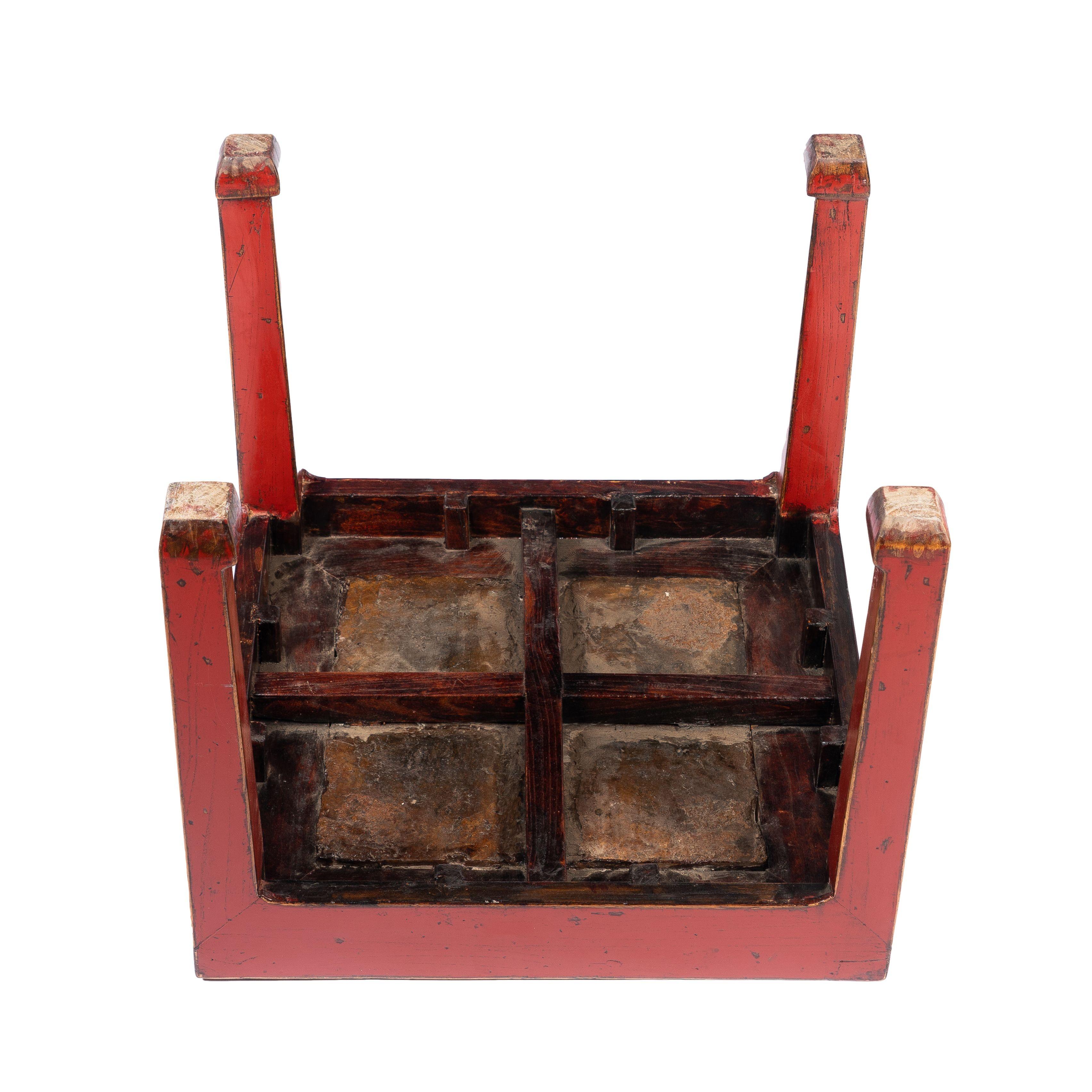 20th Century Chinese Red Lacquered Square Table Fitted with Inset Stone Top, 1900 For Sale