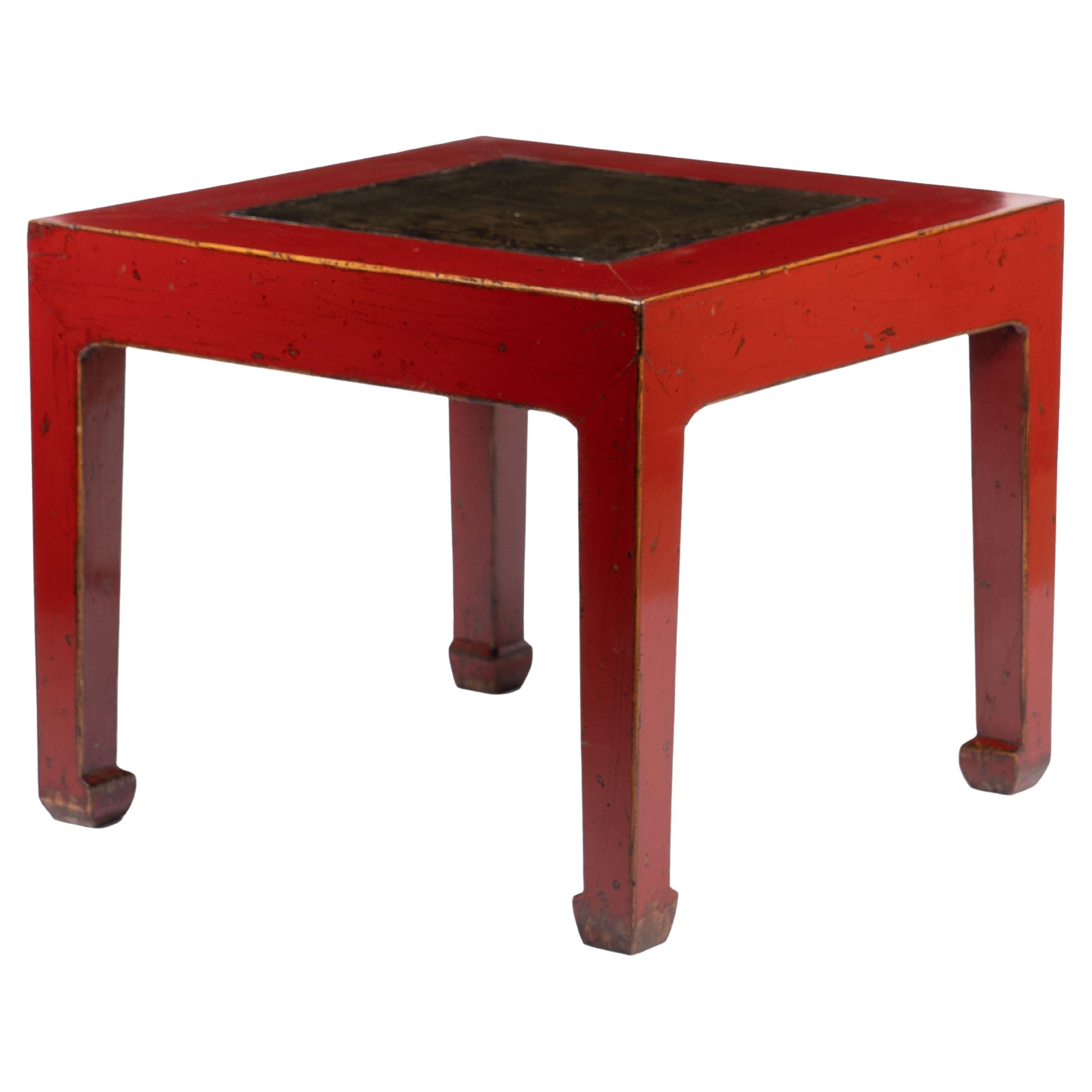 Chinese Red Lacquered Square Table Fitted with Inset Stone Top, 1900