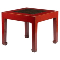 Antique Chinese Red Lacquered Square Table Fitted with Inset Stone Top, 1900