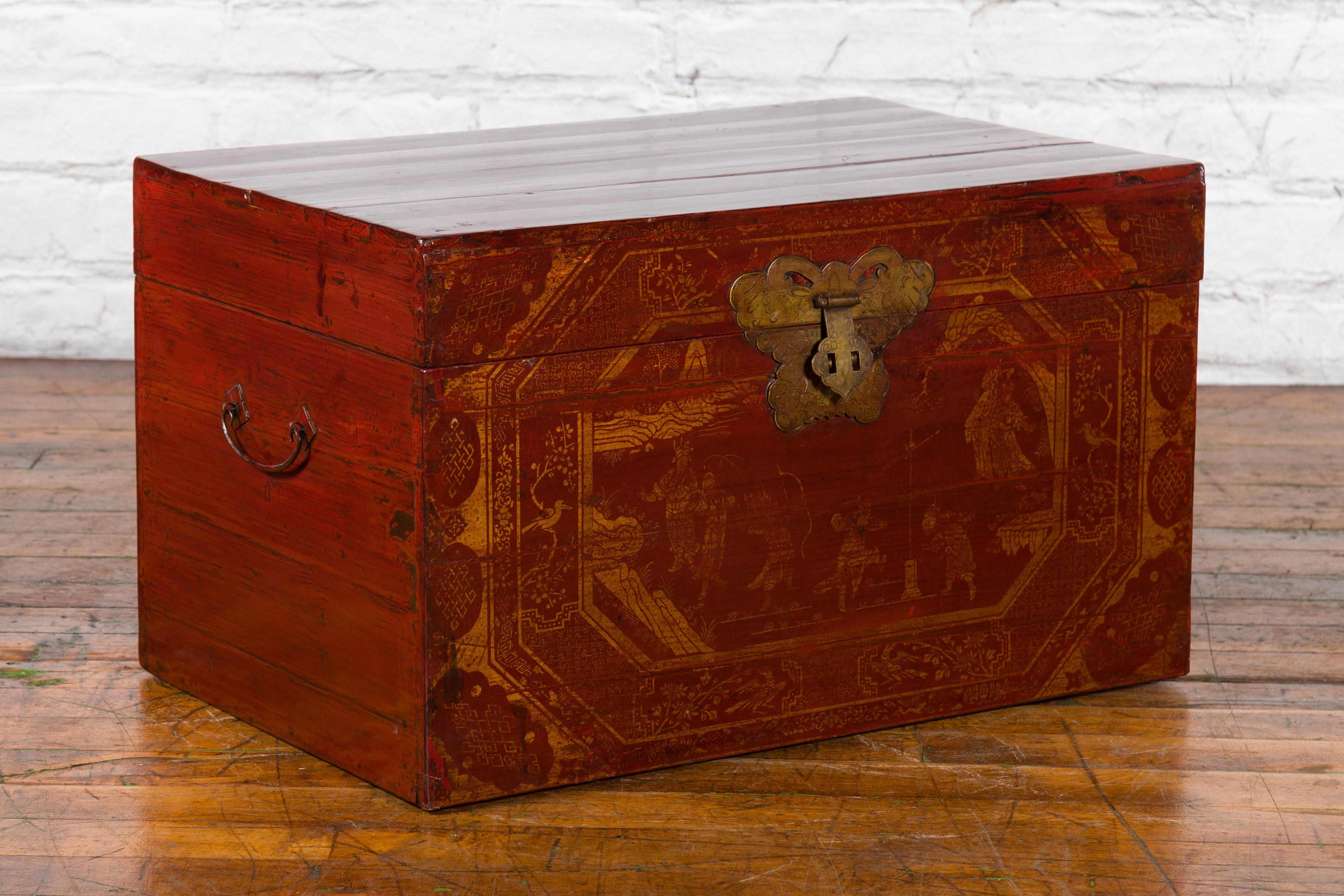 Chinese Red Lacquered Trunk with Butterfly Hardware and Court Scenes 4