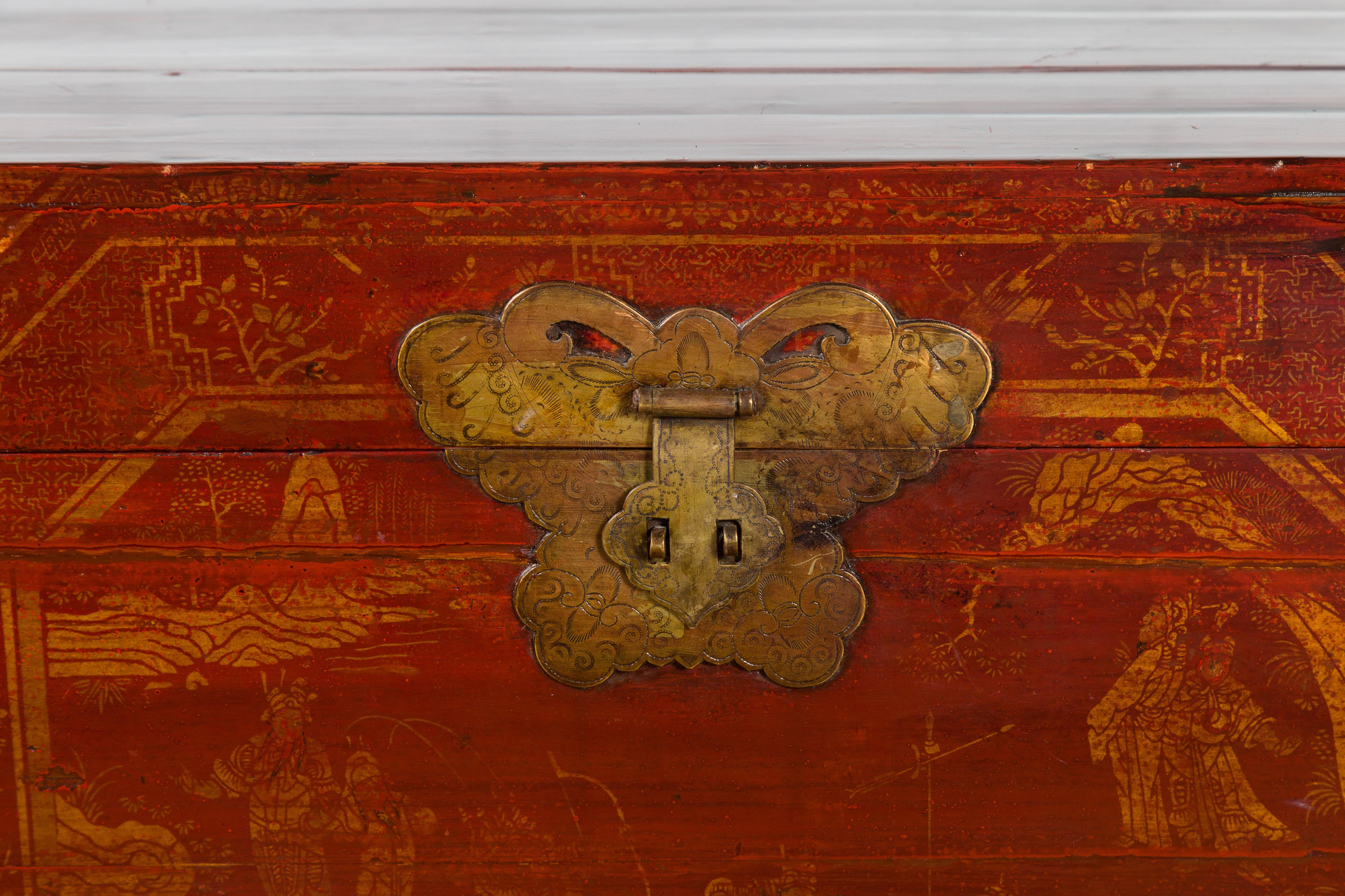 Wood Chinese Red Lacquered Trunk with Butterfly Hardware and Court Scenes