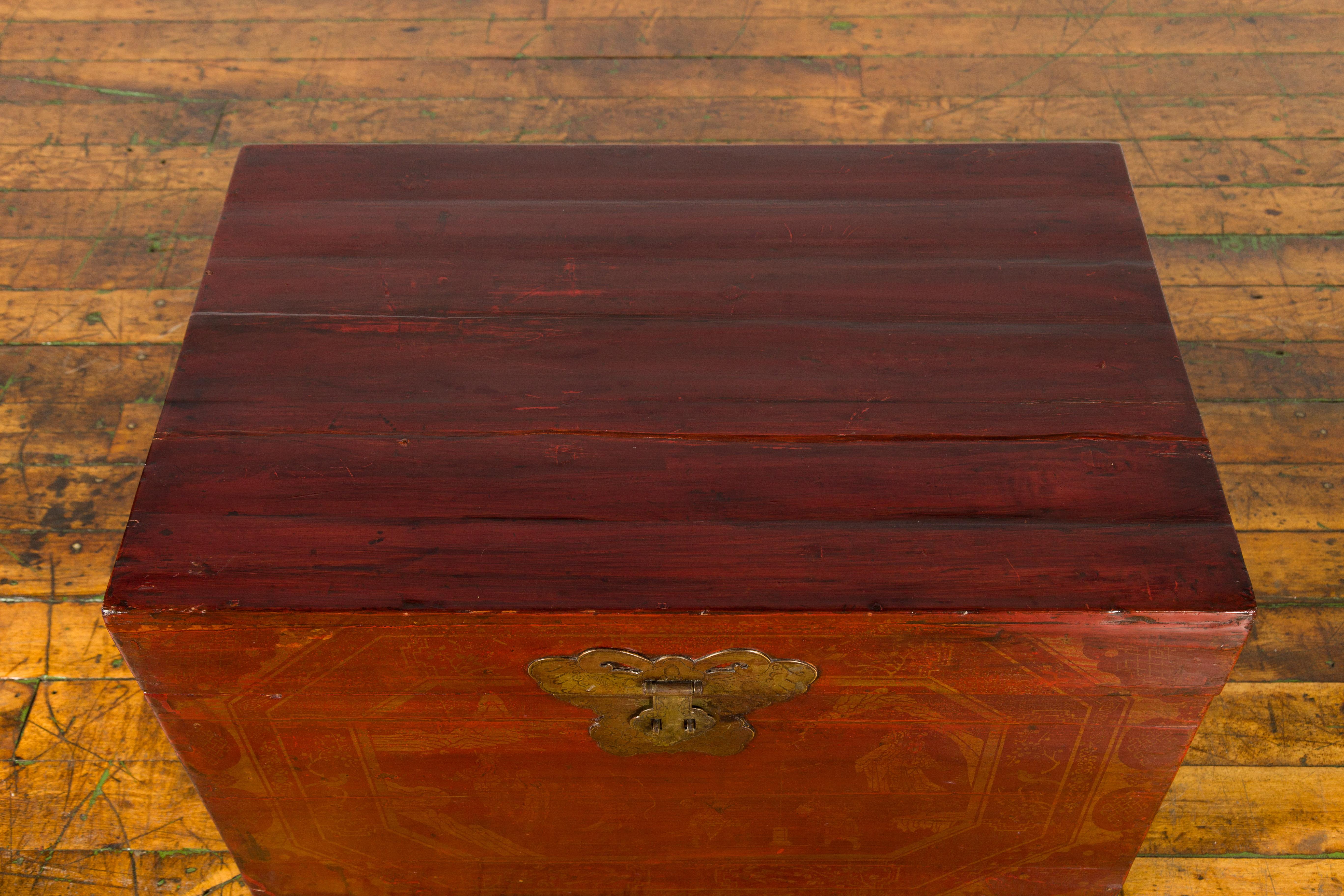Chinese Red Lacquered Trunk with Butterfly Hardware and Court Scenes 1