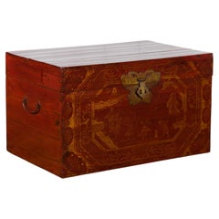 Chinese Red Lacquered Trunk with Butterfly Hardware and Court Scenes
