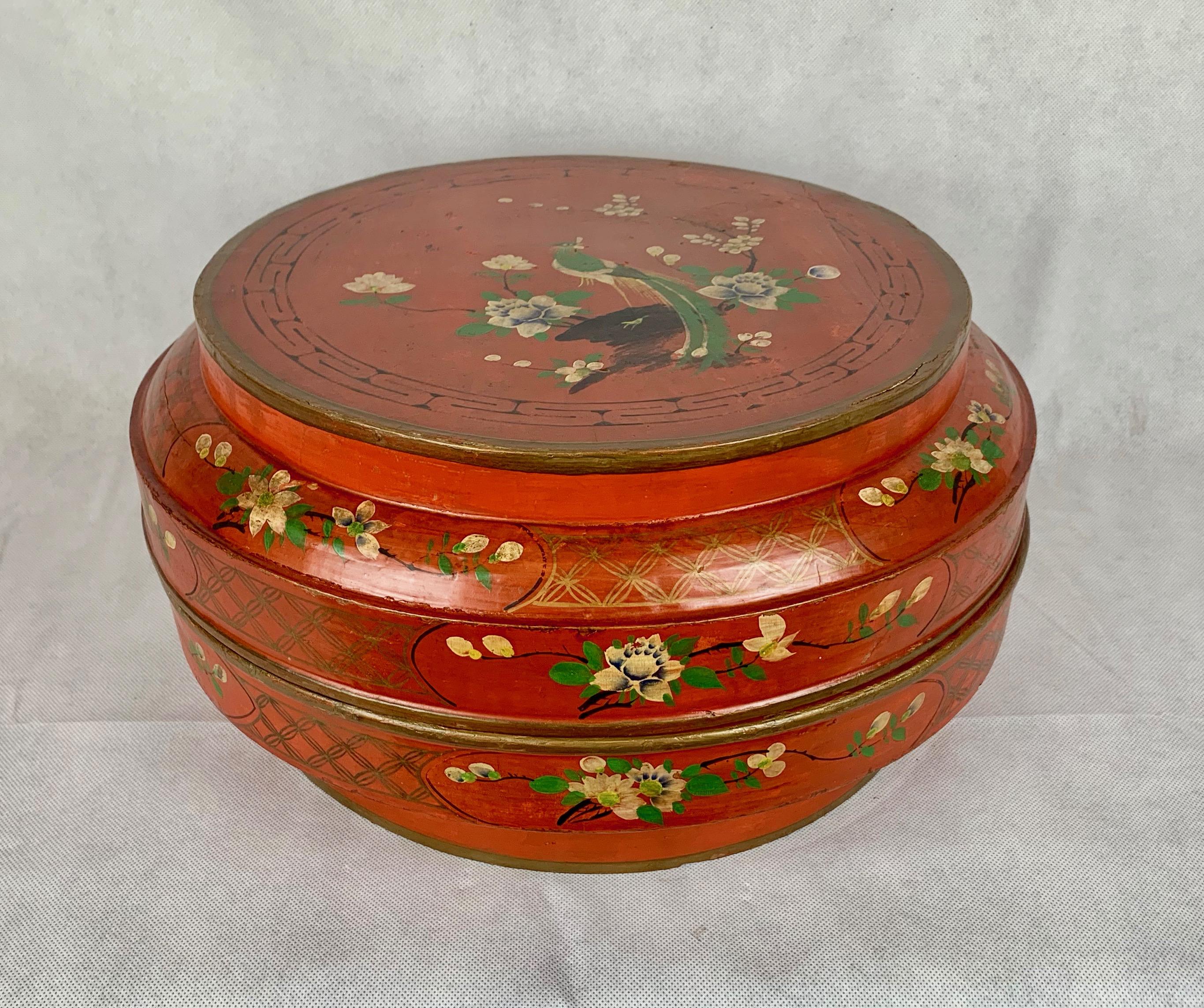 Hand-Crafted Red Lacquer Chinese Wedding Box- Hand Decorated For Sale