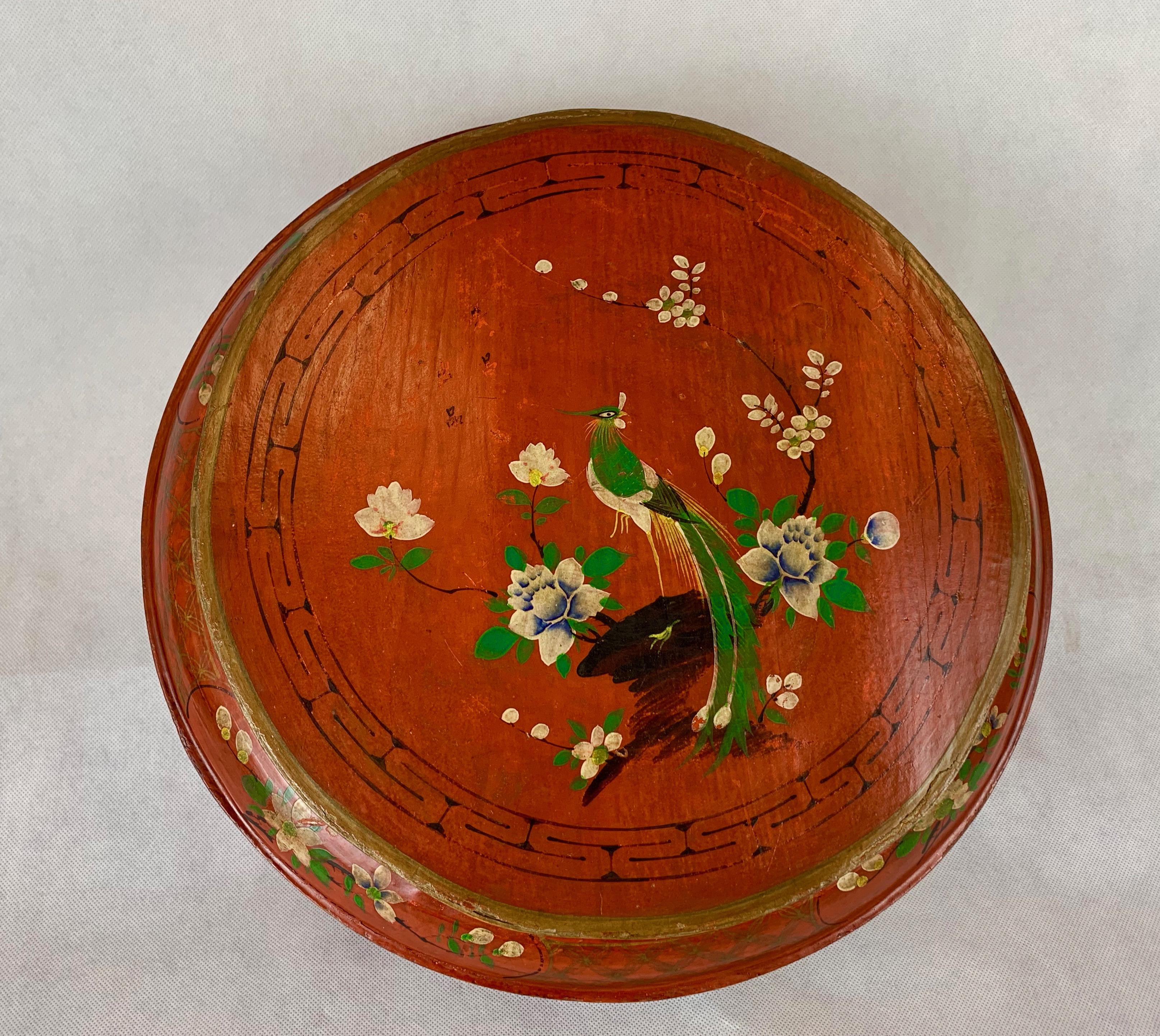 Red Lacquer Chinese Wedding Box- Hand Decorated  In Good Condition For Sale In West Palm Beach, FL