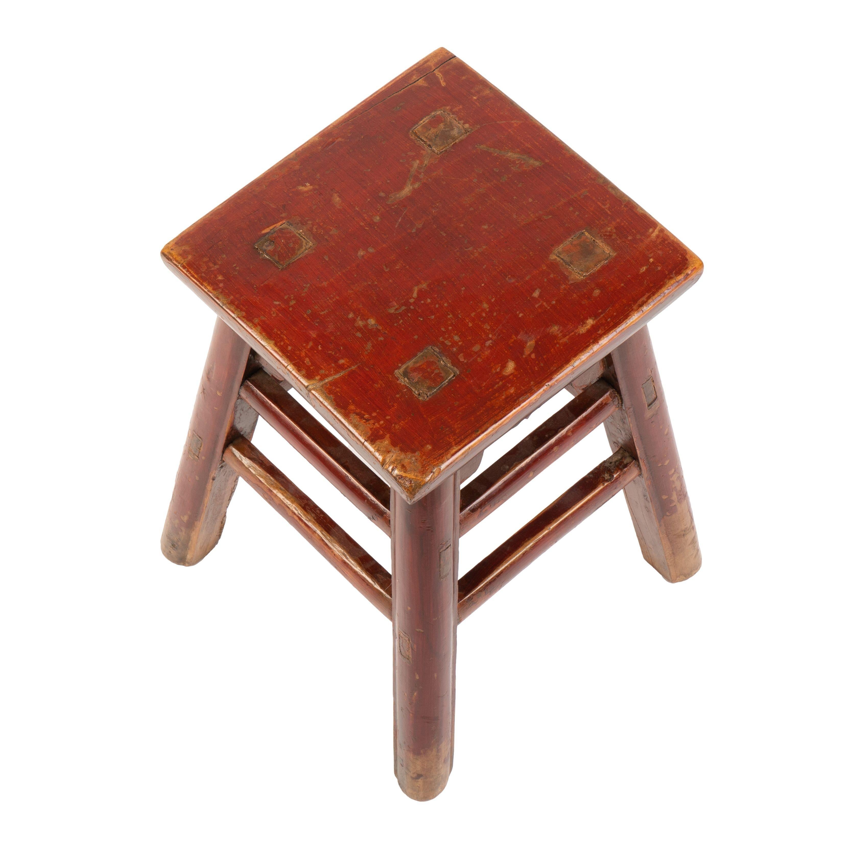 Chinese Red Lacquered Wood Joint Stool In Fair Condition For Sale In Kenilworth, IL