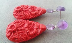 Chinese Red Laquer Amethyst White Gold Diamonds Dangle Earrings