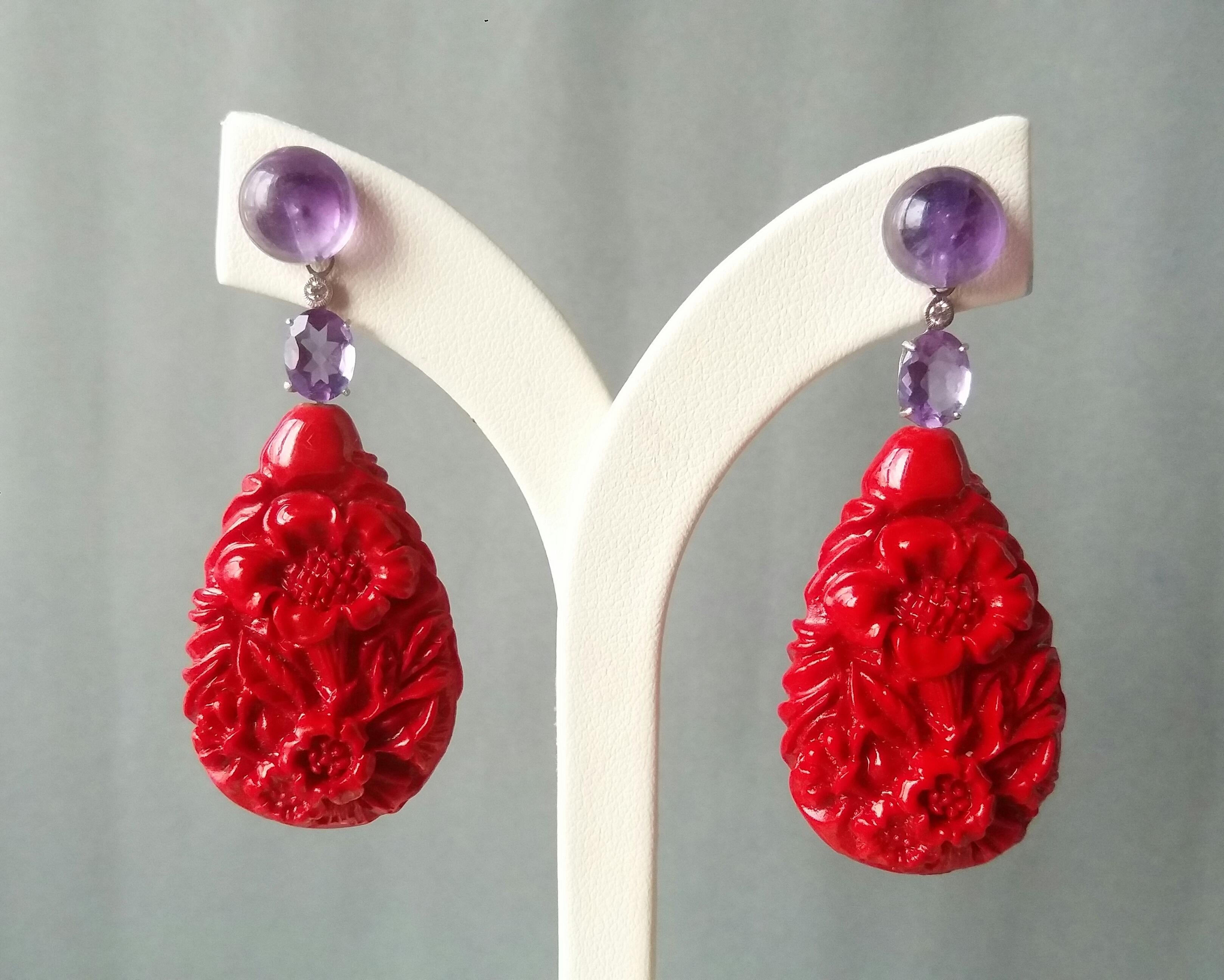 Contemporary Chinese Red Laquer Amethyst White Gold Diamonds Dangle Earrings For Sale