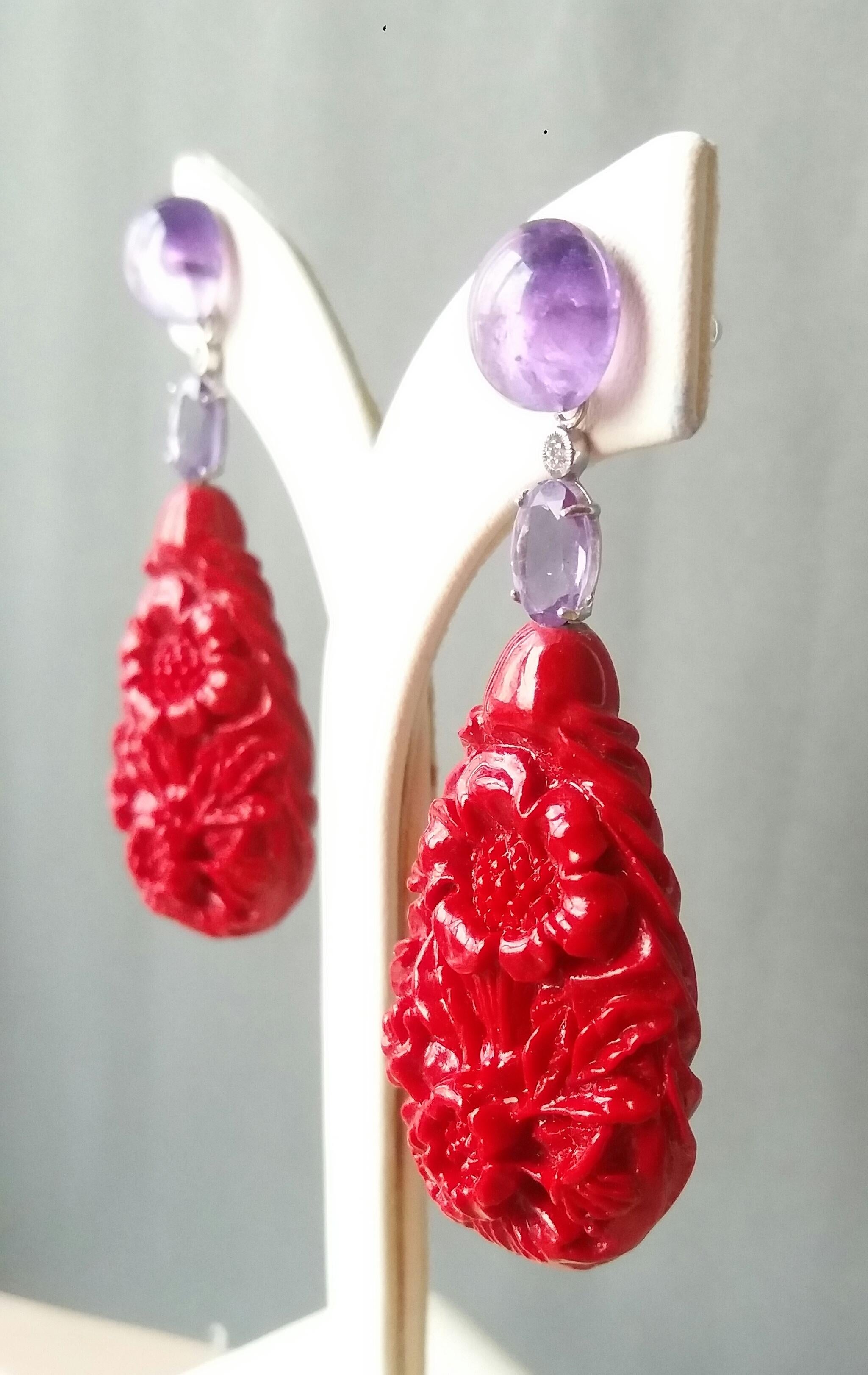 Mixed Cut Chinese Red Laquer Amethyst White Gold Diamonds Dangle Earrings For Sale