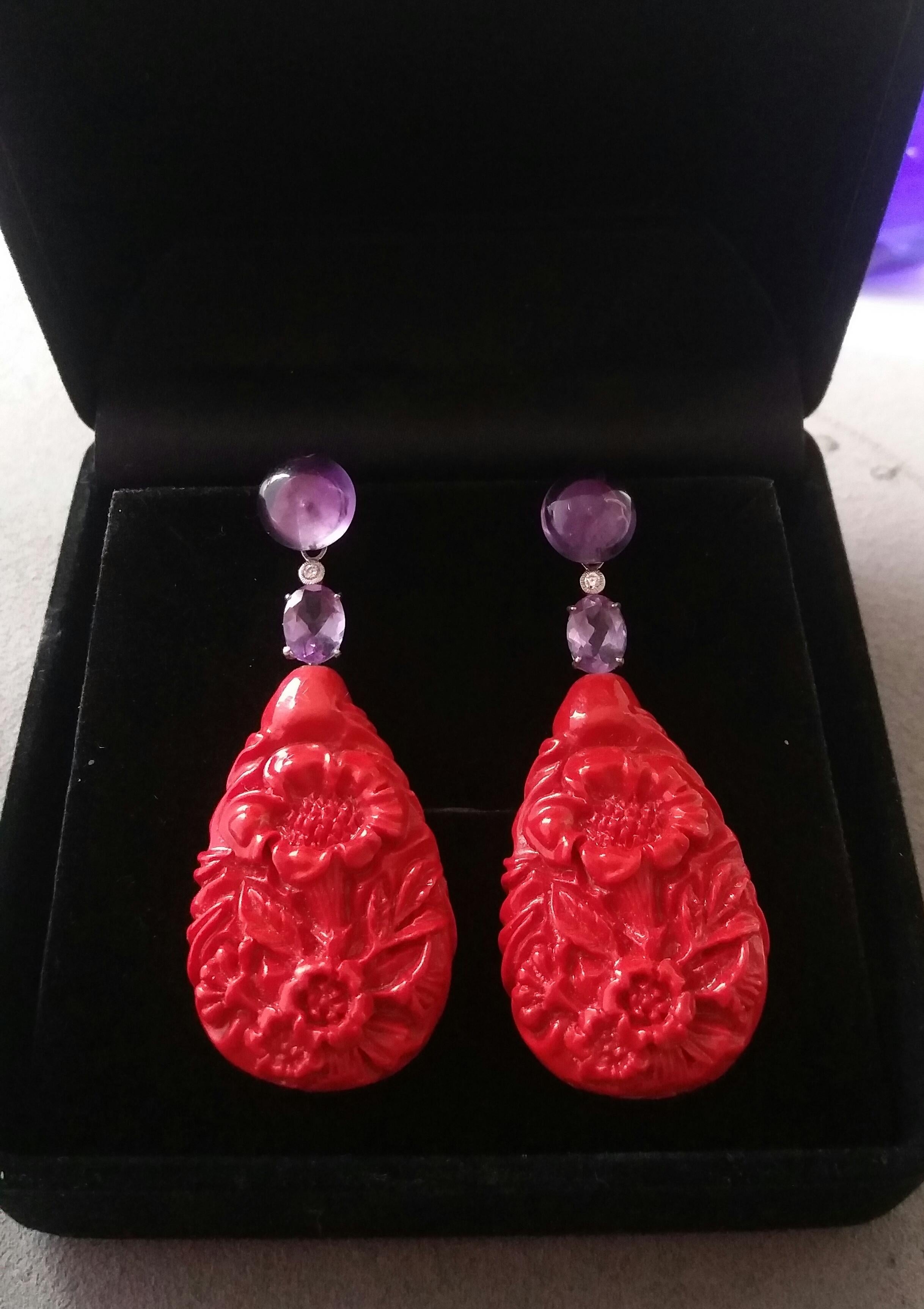 Chinese Red Laquer Amethyst White Gold Diamonds Dangle Earrings In Good Condition For Sale In Bangkok, TH