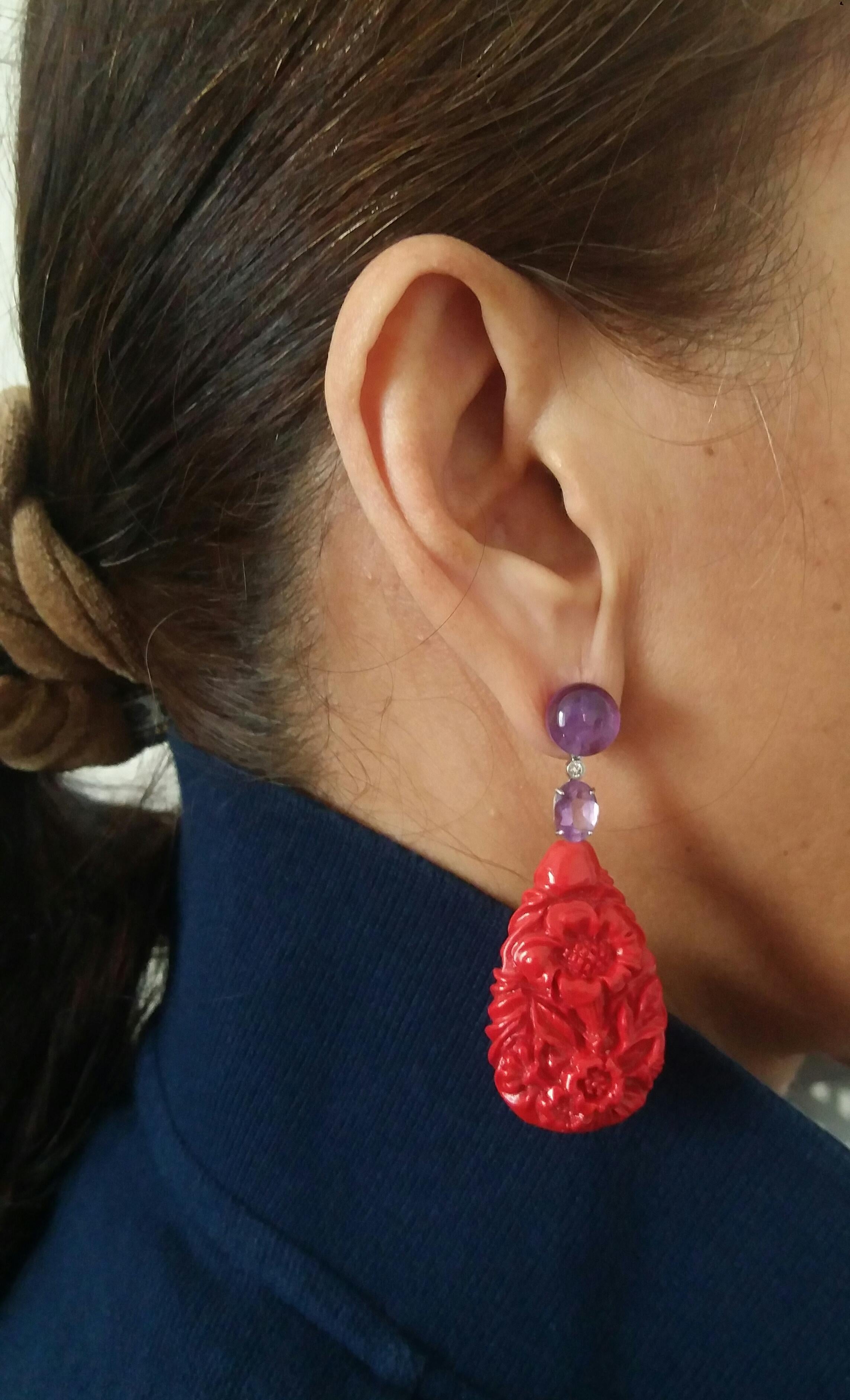 Women's Chinese Red Laquer Amethyst White Gold Diamonds Dangle Earrings For Sale