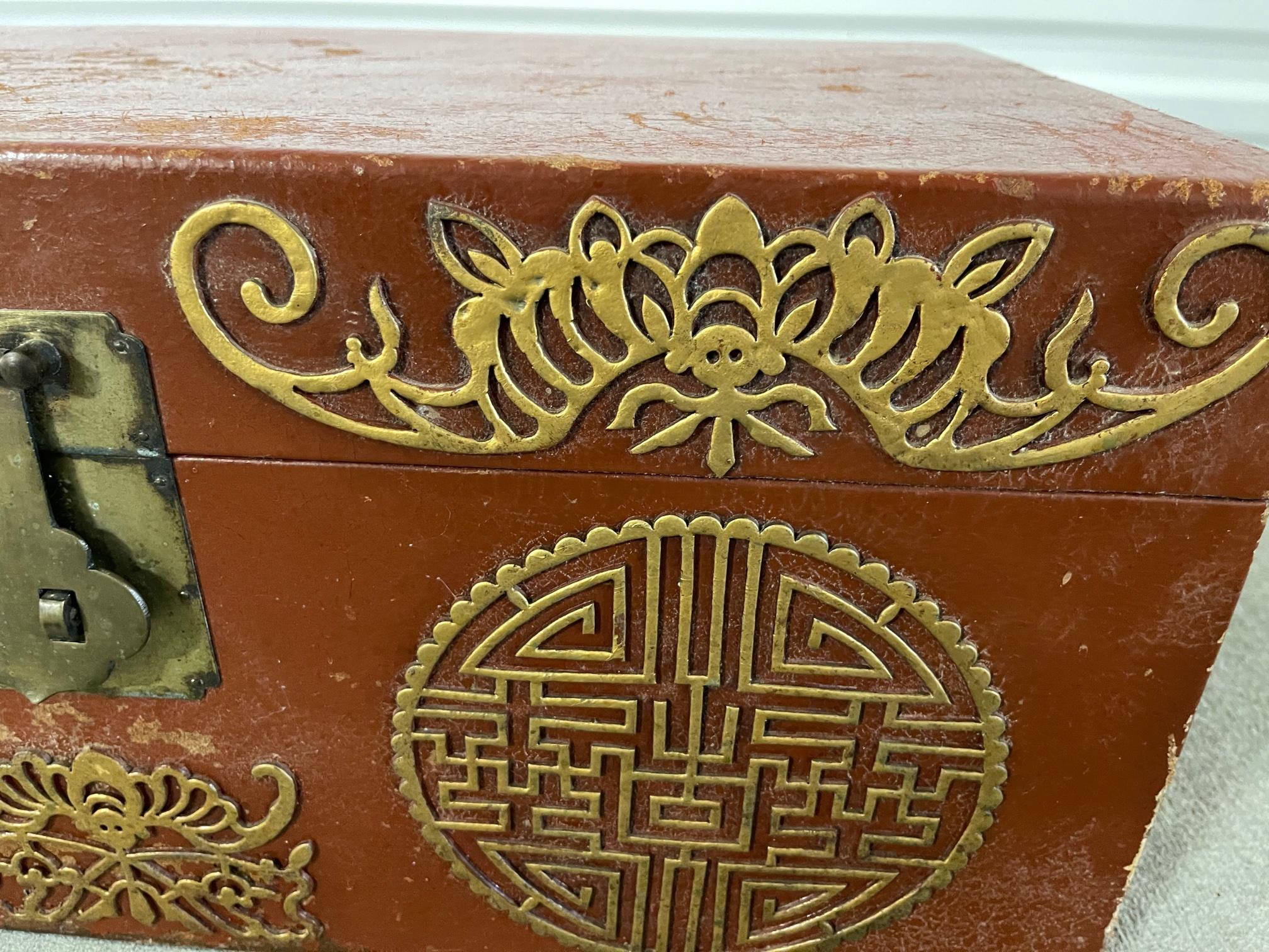 Chinese Red Leather Trunk with Brass Lock and Handles, 20th Century In Good Condition In Savannah, GA