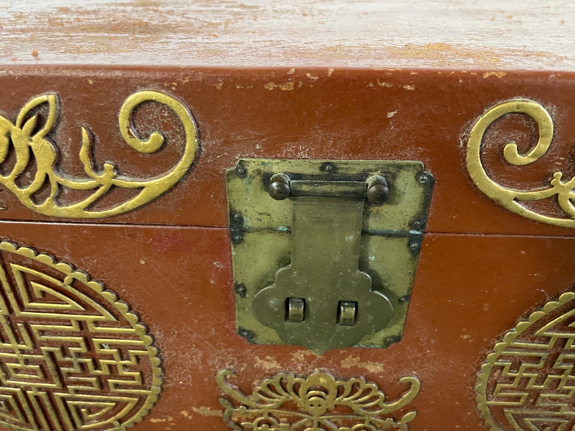Wood Chinese Red Leather Trunk with Brass Lock and Handles, 20th Century