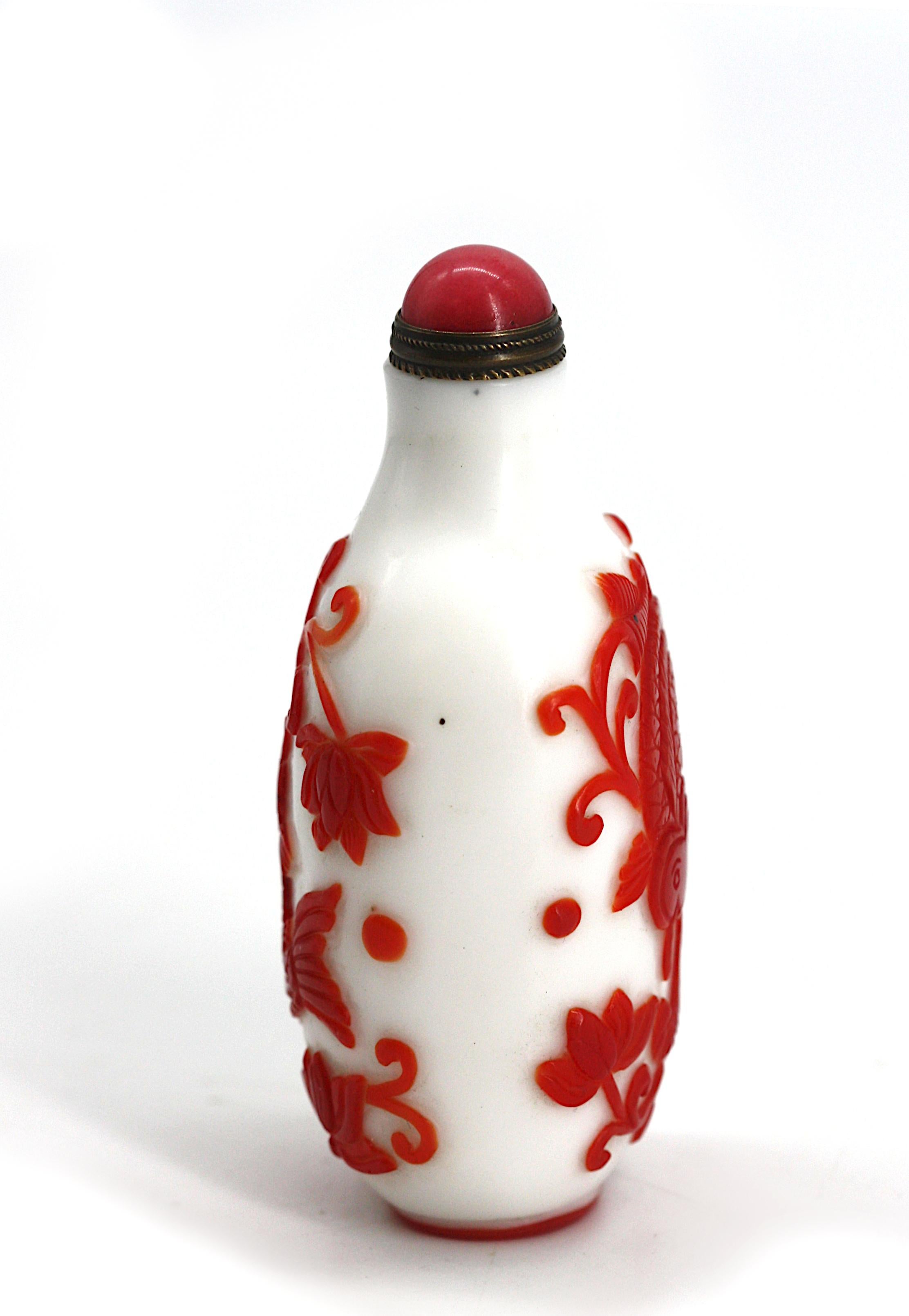 20th Century Chinese Red Over White Peking Glass Snuff Bottle For Sale